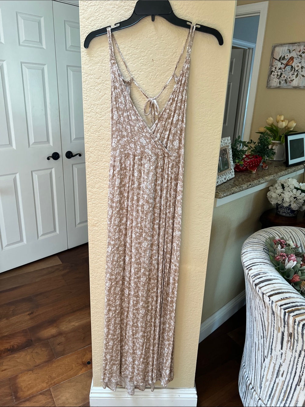 Women's Beige Floral Maxi Dress - Sleeveless V-Neck Low Back Swim Cover or Dress